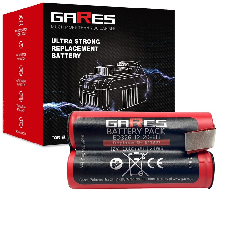 Akkumulátor, Gares, 12V, 2000mAh, Li-ion, Kompatibilis az Einhell 4511301 készülékkel, Túlmelegedés elleni védelem, Túltöltés elleni védelem, Nincs memóriaeffektus, Méretek 3, 7 x 3, 7 x 6, 6 cm, Tömeg 0, 133 kg, Szín: Fekete, A készlet tartalma: 1