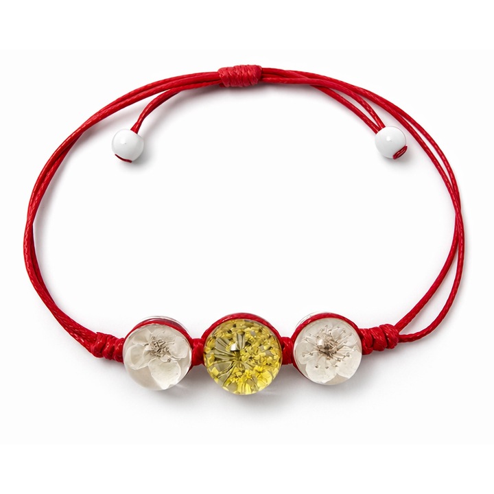 Bratara Premium, Transparenta, cu Flori Naturale, Lucrata Manual, Galben/Alb