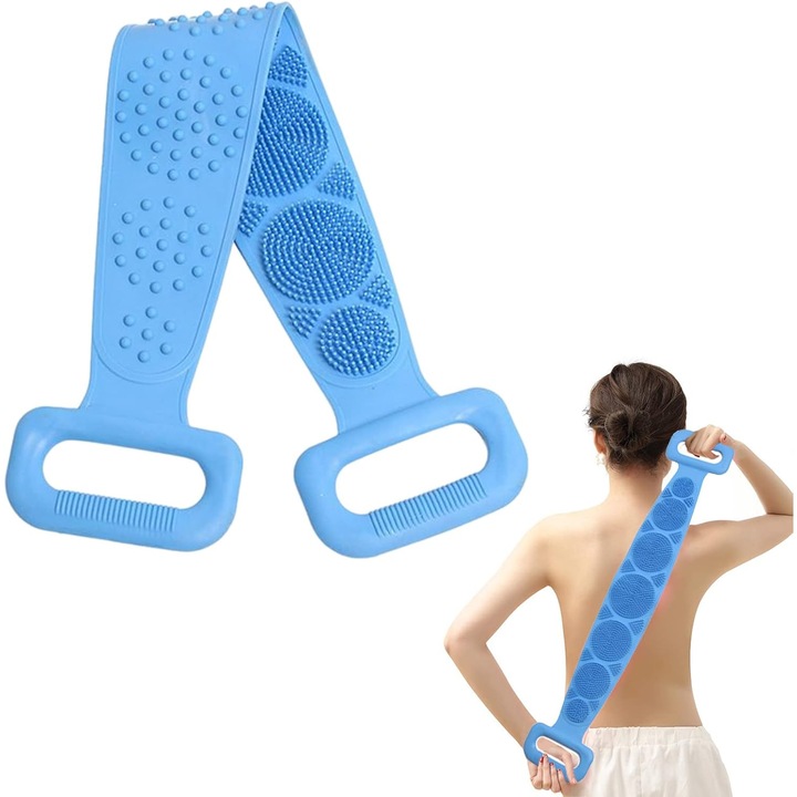 Hátmosó szivacs, testmosó és bőrhámlasztó, 2 oldalas csíkos a mélytisztításhoz, masszázskefe, 71 cm X 10 cm, szilikon, kék