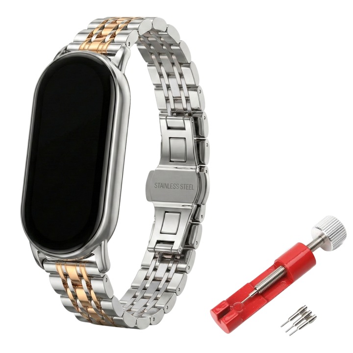 Елегантна гривна от неръждаема стомана за Xiaomi Mi Band 8 / 9 / 10, закопчаване тип пеперуда, с инструмент за скъсяване, сребриста / розово злато