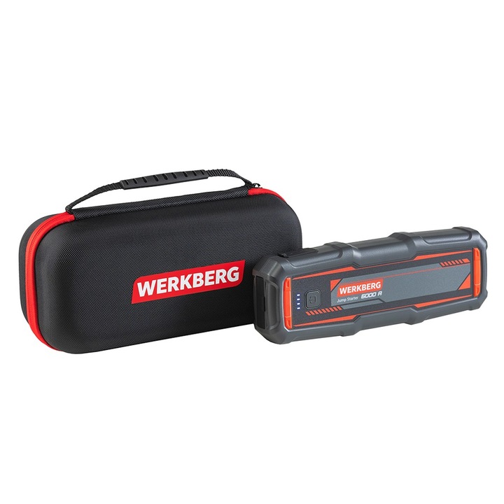 Dispozitiv de pornire WERKBERG AL012, 12V, 6000A, 26000 mAh, 2xUSB-A QC + USB-C, LED SOS, indicator baterie