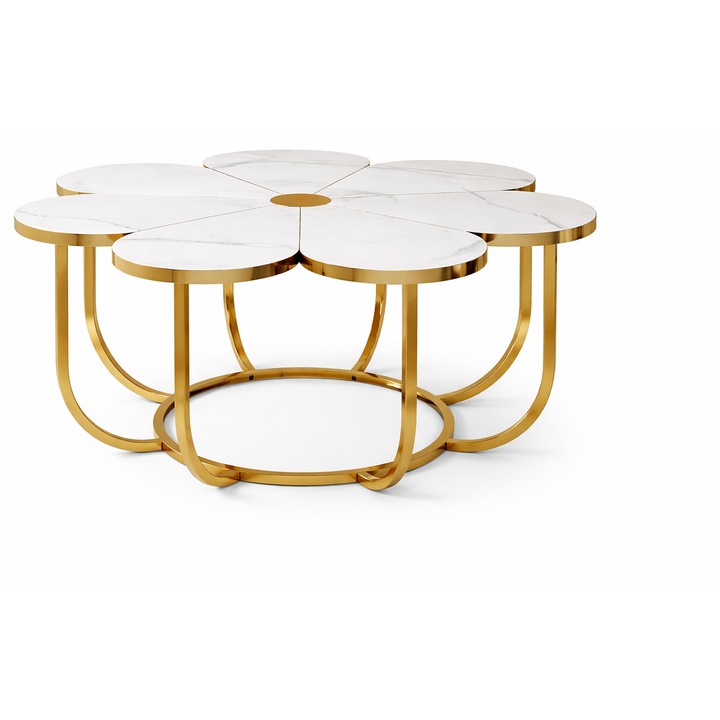 Masa Cafea/ Living, Blackswan Design Model Golden Petals, imitatie marmura, 100x100x50 cm