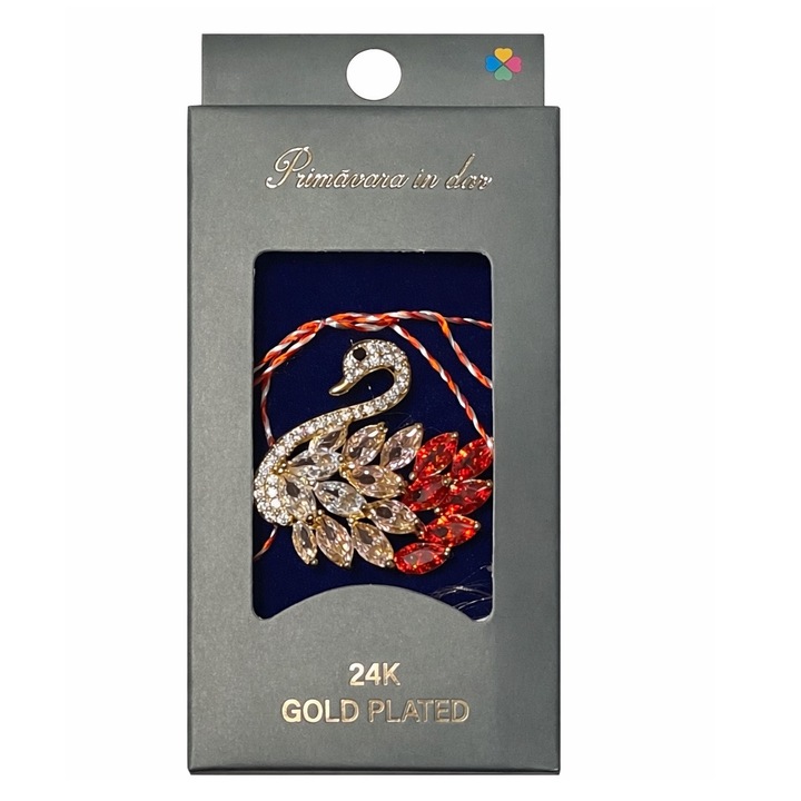 Martisor Brosa Crystal Swan, placata cu Aur 24K, Accesoriu Elegant pentru Femei, 2-3 cm
