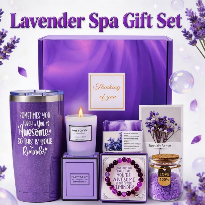 Set Cadou pentru Femei, Excitat®, Bratara, Cana termos inox, Lumanare parfumata, Sapun Diamond, Sare de Baie, Felicitare, Ambalate in pachet elegant, Ideal pentru Valentine, Ziua Mamei, Craciun, violet
