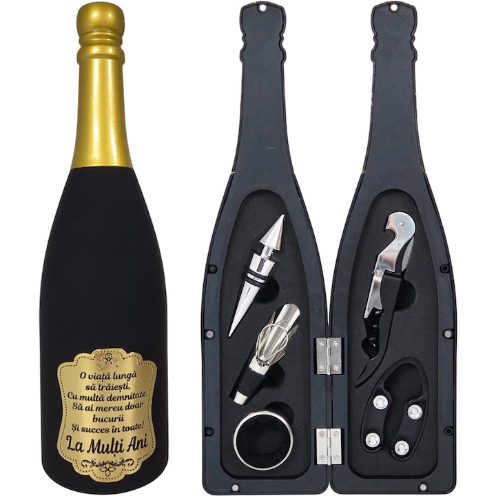 Set Cadou accesorii vin, 6 piese, cutie in forma de sticla, cu mesaj "La multi ani"