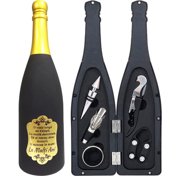 Set Cadou accesorii vin, 6 piese, cutie in forma de sticla, cu mesaj "La multi ani"