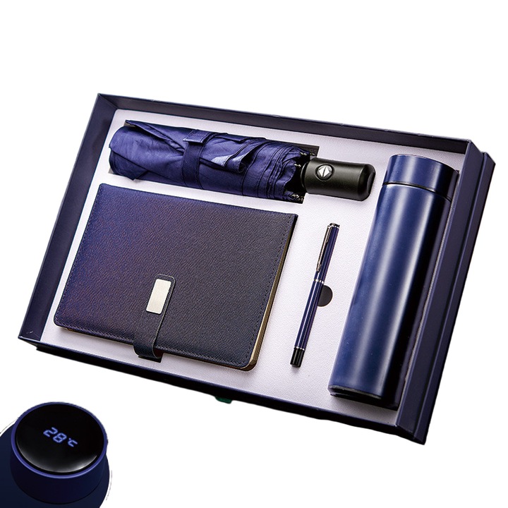 Set cadou exclusiv, termos din otel inoxidabil, caiet A6 piele ecologica, stilou elegant, umbrela, albastru