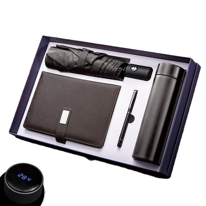 Set cadou pentru el/ea, termos din oțel inoxidabil cu afișaj, caiet A6 din piele ecologică, stilou elegant, umbrelă, negru