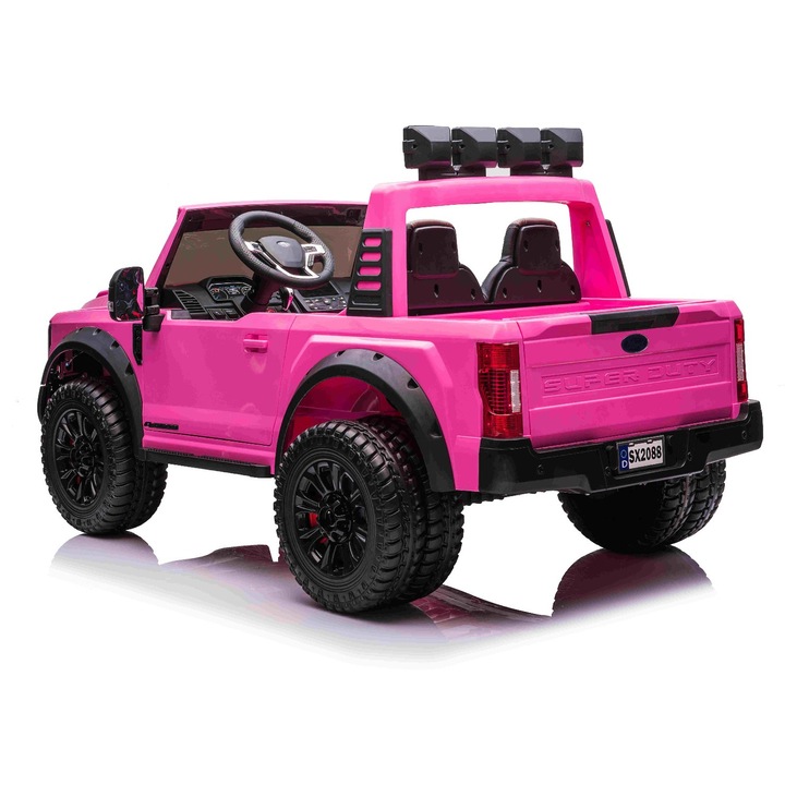 Електрическа кола за деца Ford Super Duty 24V розова, две места, 4X4 задвижване, мощни 24V мотори, преносима батерия, двойни задни EVA колела, пластмасова седалка, 2,4 GHz дистанционно управление