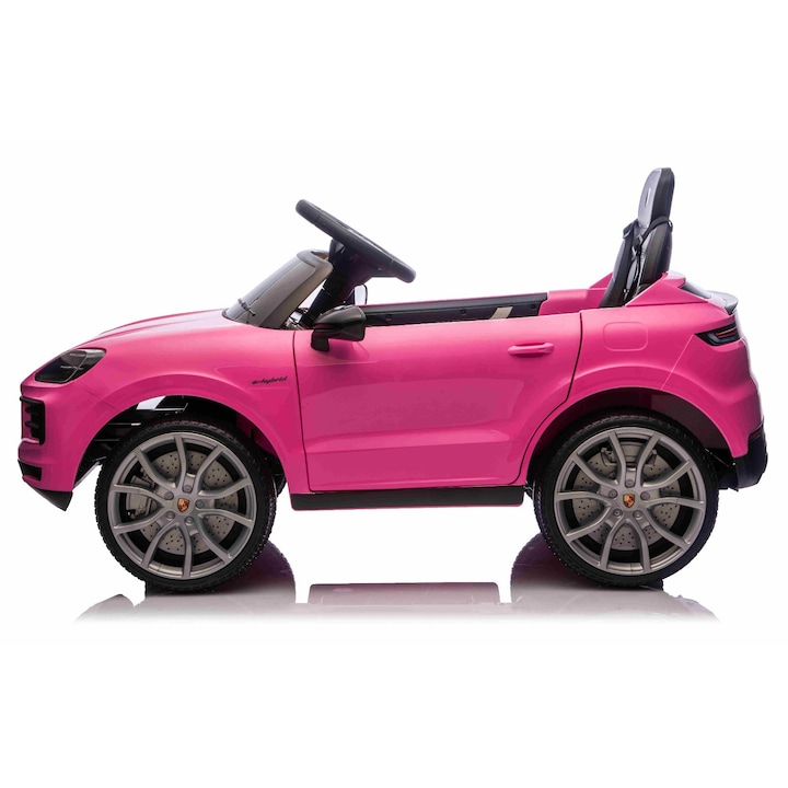Masinuta copii Porsche Cayenne 12V cu tractiune spate si licenta, un loc, roz, baterie litiu, scaun lat, axe cu suspensii, telecomanda 2.4 GHz, player MP3 cu intrare USB/AUX, lumini LED