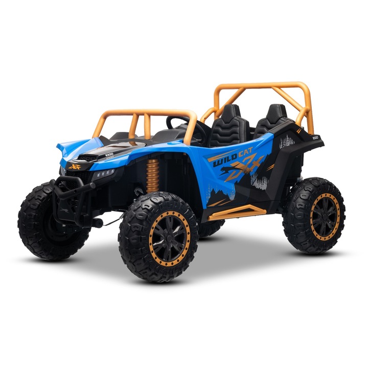 ATV electric Arctic CAT XXL 4x4 24V, albastru, cu doua locuri, roti EVA moi, motoare puternice, baterie litiu, player MP3 cu Bluetooth, ax spate cu arcuri, scaune din piele artificiala, licenta originala