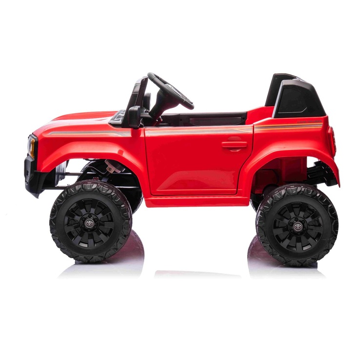 Masinuta electrica Toyota Landcruiser 12V, rosu, scaun lat, telecomanda 2.4 GHz, intrare USB / AUX, Bluetooth, suspensie, baterie litiu, lumini LED, motor 2 x 25W, licenta ORIGINALA
