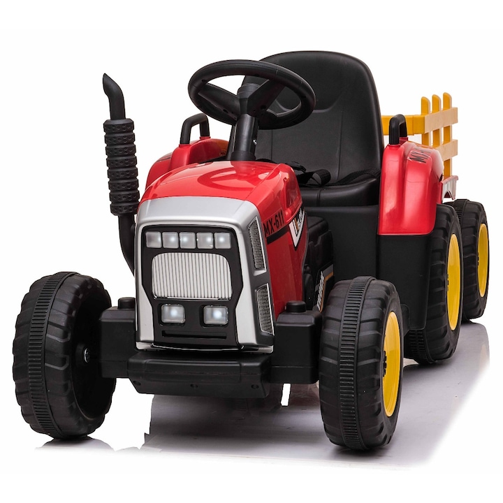 Tractor electric copii Tea Sports WORKERS cu remorca, rosu, 12V, telecomanda 2,4 GHz, MP3 cu USB, scaun lat, pentru 3-5 ani, 134x50x52,5cm