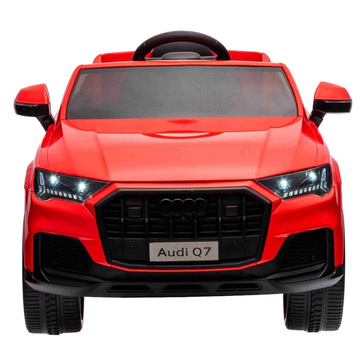 Masina electrica de jucarie Audi Q7 rosu, 1 loc, suspensie independenta, baterie 12V, telecomanda, 2 motoare de 35 W, lumini LED, intrare USB/AUX pe MP3 player, model cu licenta