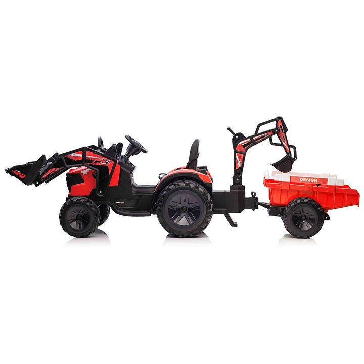 Tractor electric Tea Sports TOP-WORKER 12V cu cupa si remorca, rosu, 208x63x85cm