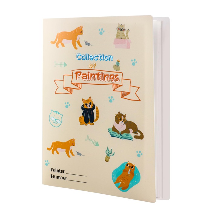 Mapa portofoliu A4 pentru copii cu model pisici, dosar cu folii de protectie si coperta, 40 buzunare pentru desene