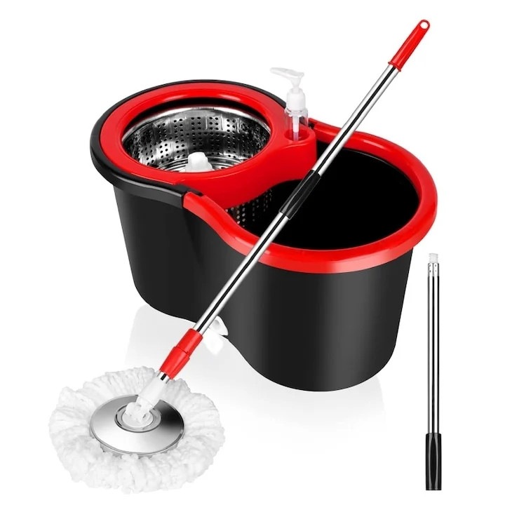 Set mop rotativ si galeata cu sistem de stoarcere, maner reglabil din otel inoxidabil, cu 5 rezerve incluse, rosu/negru