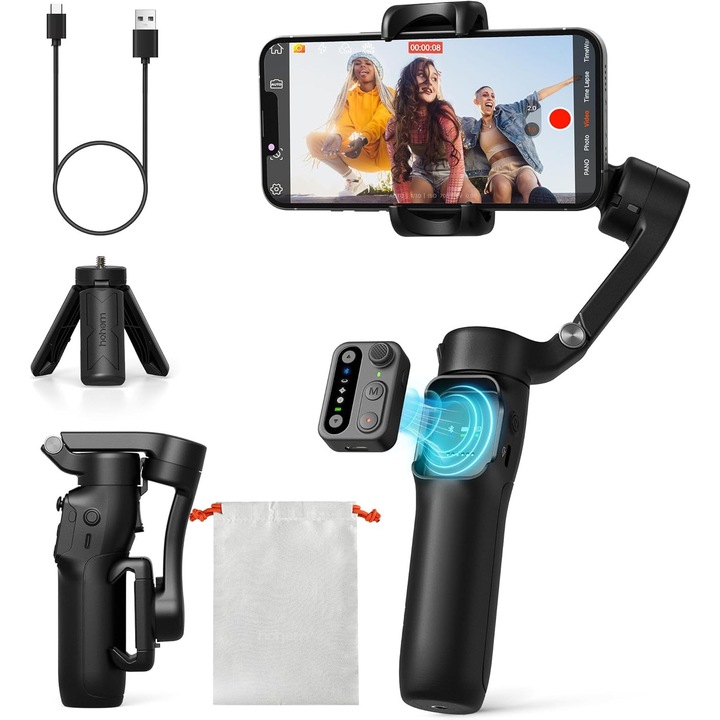 Stabilizator hohem iSteady X3 SE, Mecanic, Automat, pe 3 Axe, Design Usor si Pliabil, Compact si Stabil, Telecomanda Detasabila, Autonomie Baterie de 11 Ore, Ideal pentru Vlogging/Calatorii, Negru