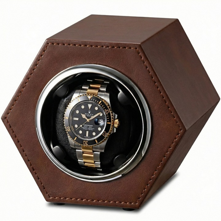 Cutie Intors Ceas Automatic, Watch Winder Premium W147F, 1 Program Automat de rotatie, Motor Silentios, Alimentare la Priza, Maro