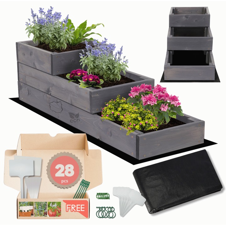 Gradina verticala MODO24, lemn, gri, 27x30x90cm, set cu agrowloknina, spinki si etichete