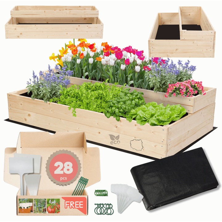 Strat inaltat pentru gradina, MODO24, lemn, impregnat, 27x120x60cm, set cu accesorii