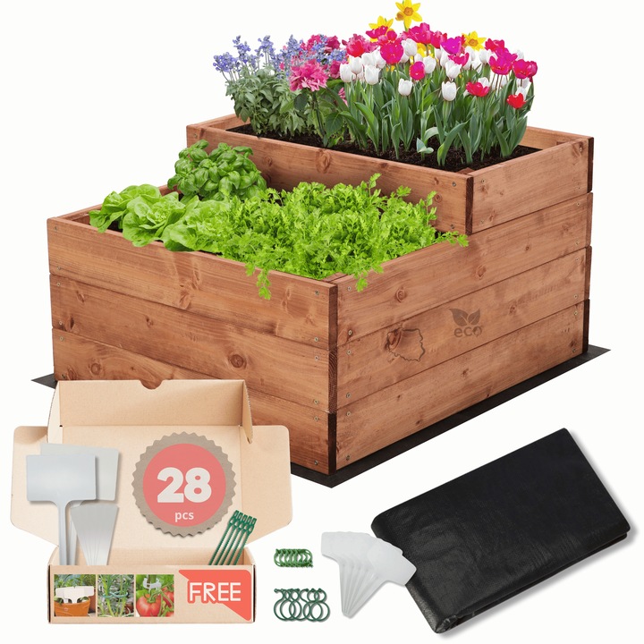 Gradina de legume MODO24, kaskada, 36x60x60cm, lemn impregnat, maro, set cu agrowolk, cleme si etichete