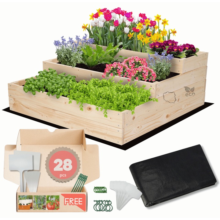 Gradina verticala din lemn MODO24, 36x90x90cm, culoare naturala, set cu agrowlocnina, cleme si etichete