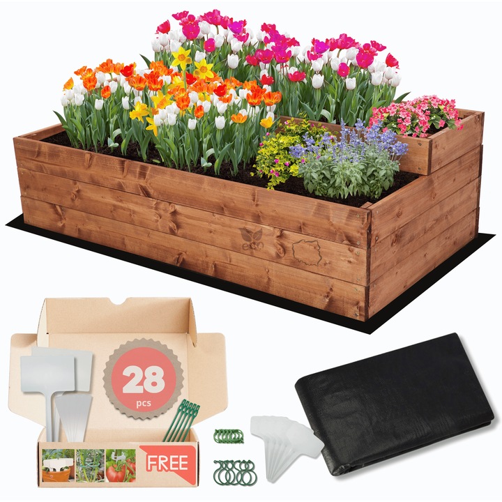 Strat inaltat pentru gradina, MODO24, 36x120x60cm, lemn, maro, set cu accesorii