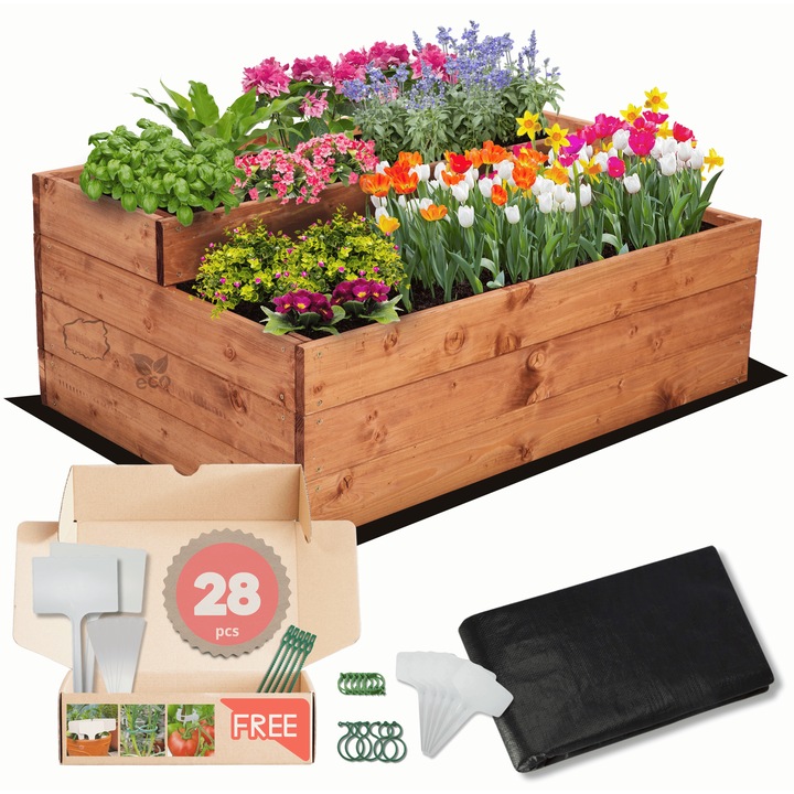 Strat inaltat pentru gradina, MODO24, 36x90x60cm, lemn, maro, set cu accesorii