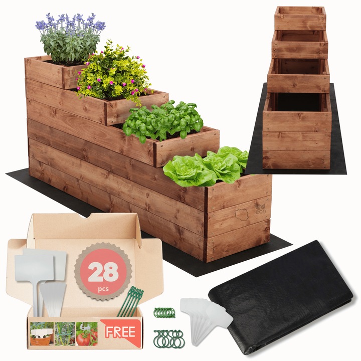 Strat inaltat pentru gradina, MODO24, lemn, 54x30x120cm, maro, set cu accesorii