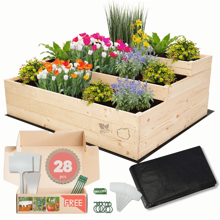 Gradina verticala din lemn MODO24, 45x120x90cm, culoare naturala, set cu agrowolk, cleme si etichete