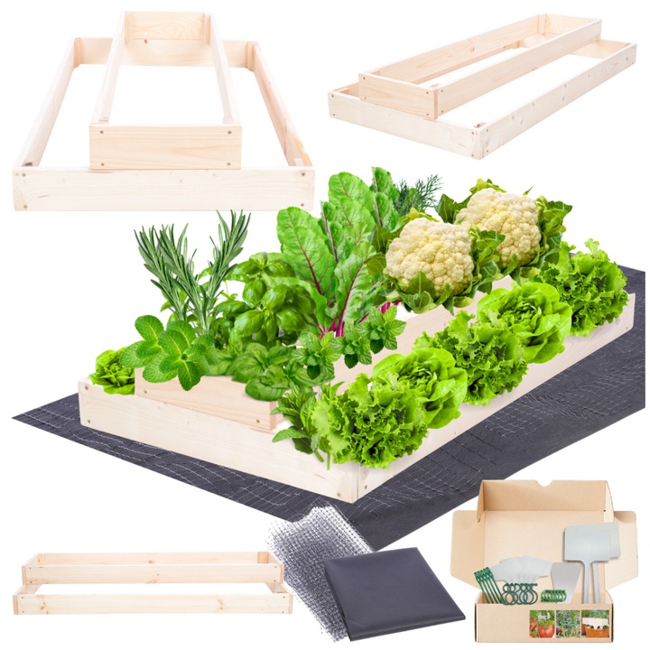 Ghiveci din lemn MODO24, 18x60x120cm, culoare bej, pentru legume, cu protectie impotriva intemperiilor