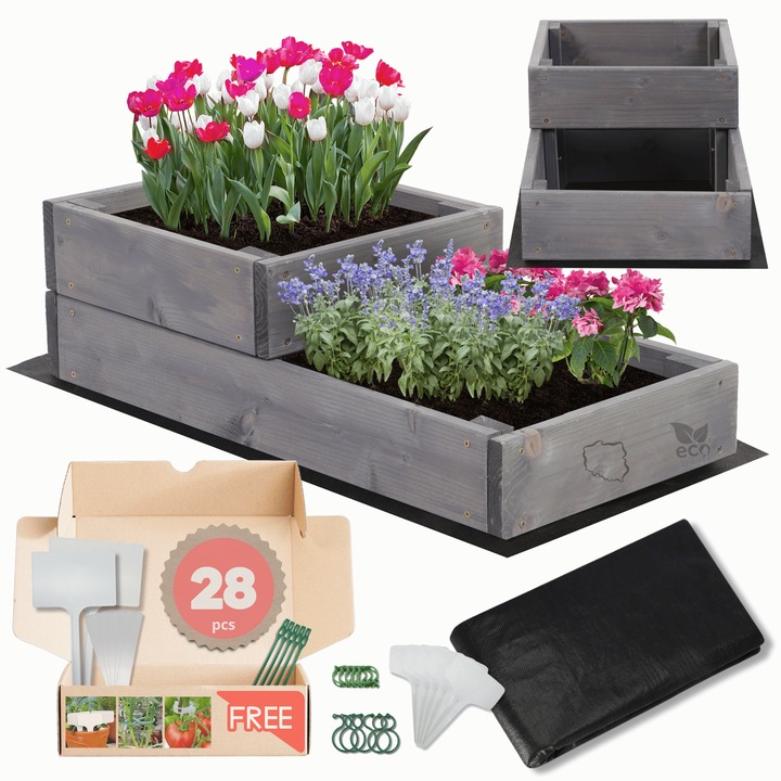 Gradina verticala MODO24, lemn, gri, 18x30x60cm, set cu agrowloknina, spinki si etichete