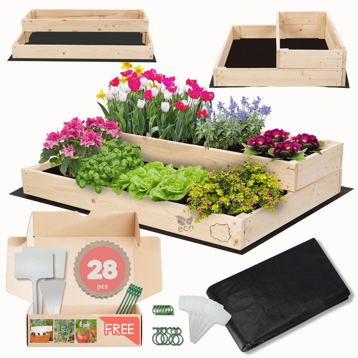 Strat inaltat pentru gradina, MODO24, lemn, 18x90x60cm, set cu accesorii