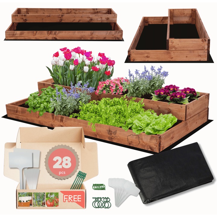 Gradina MODO24, gradina inaltata din lemn, 18x120x60cm, impregnata, culoare bruna, set cu agrowlocnina, cleme si etichete