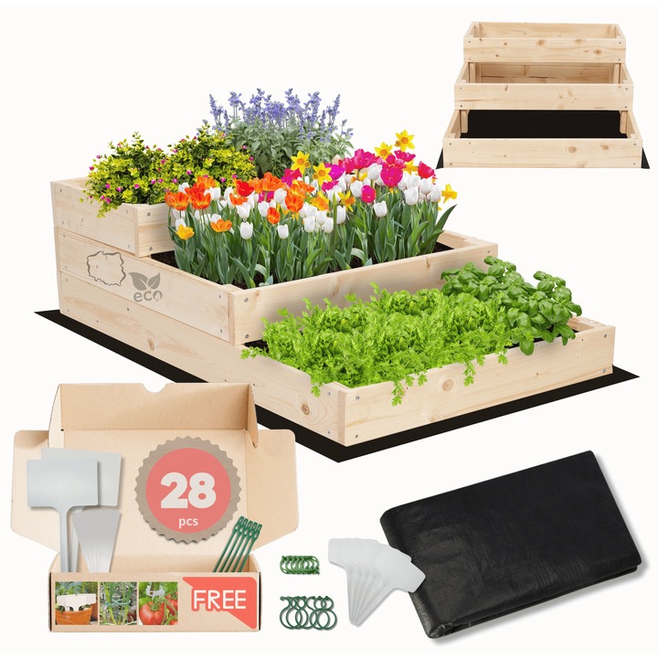 Strat inaltat pentru gradina, MODO24, 27x60x90cm, lemn, set cu accesorii