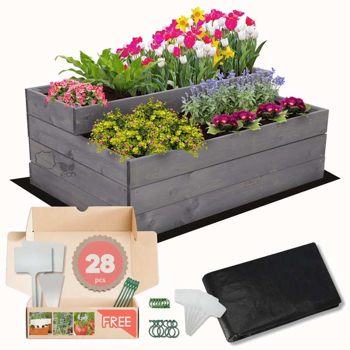 Gradina MODO24, gradina verticala din lemn, gri, 36x90x60cm, set cu agrowloknina, cleme si etichete