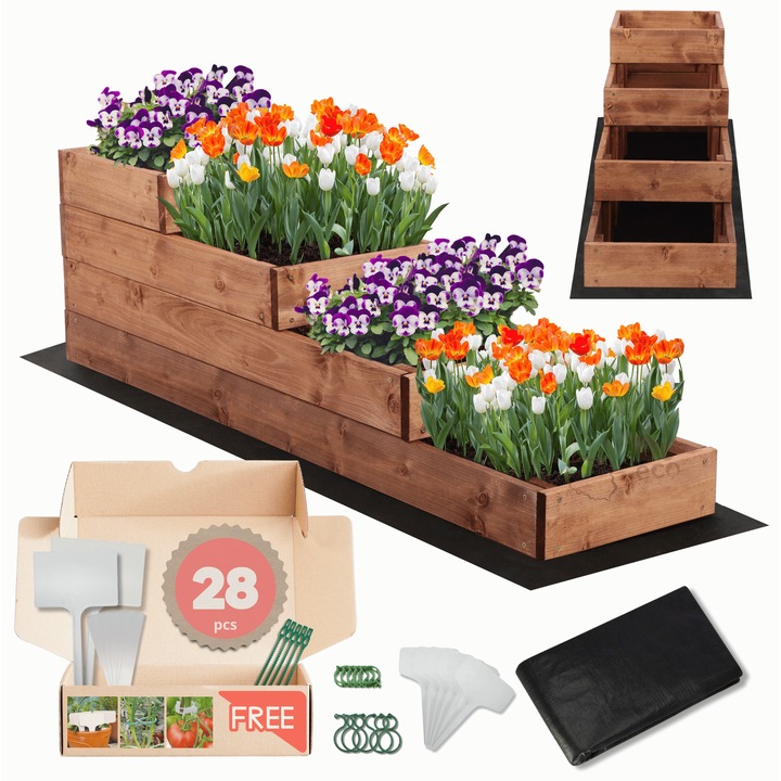 Gradina de legume din lemn MODO24, kaskada, impregnata, 36x30x120cm, maro, set cu agrowla, cleme si etichete