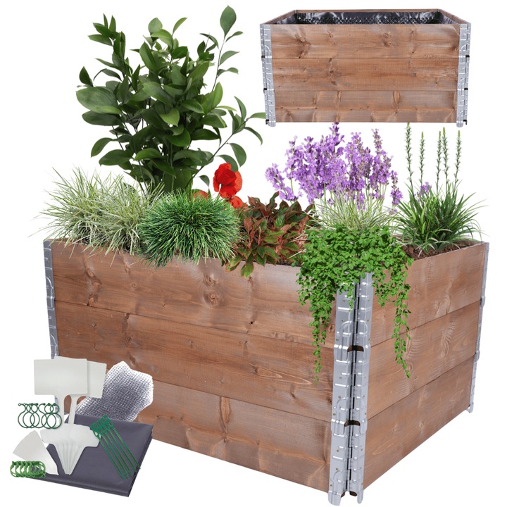 Jardiniera gradina inaltata MODO24, lemn, 60x120x100cm, cu folie de protectie, accesorii gradinarit, culoare maro