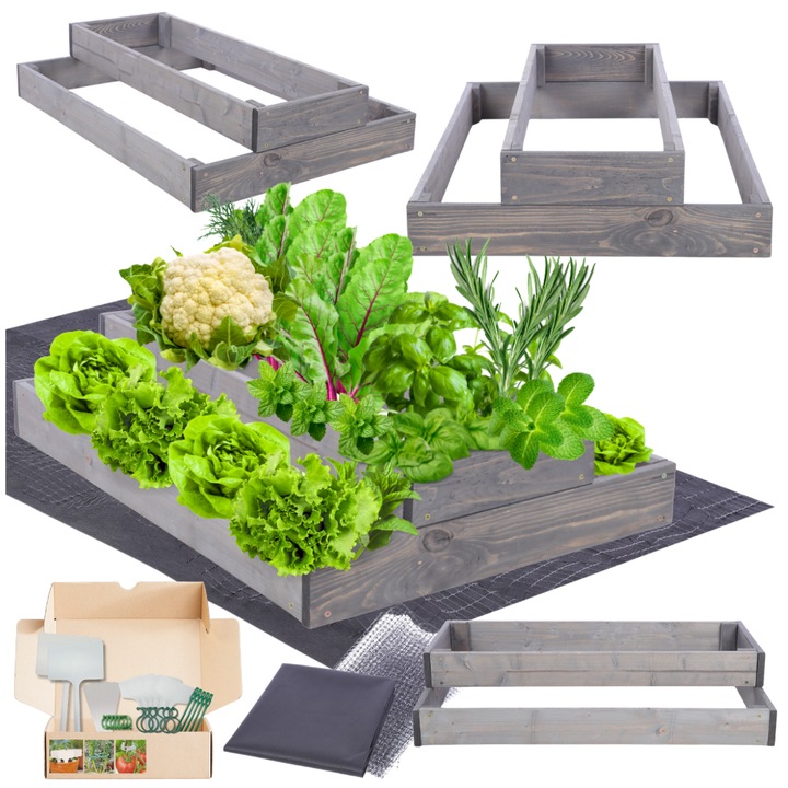 Ghiveci din lemn MODO24, 18x60x90cm, gri, pentru legume, cu functie de inspekt, montaj simplu