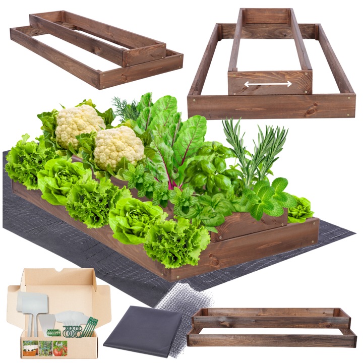 Ghiveci din lemn MODO24, 18x60x100cm, brown, pentru legume, set de montaj