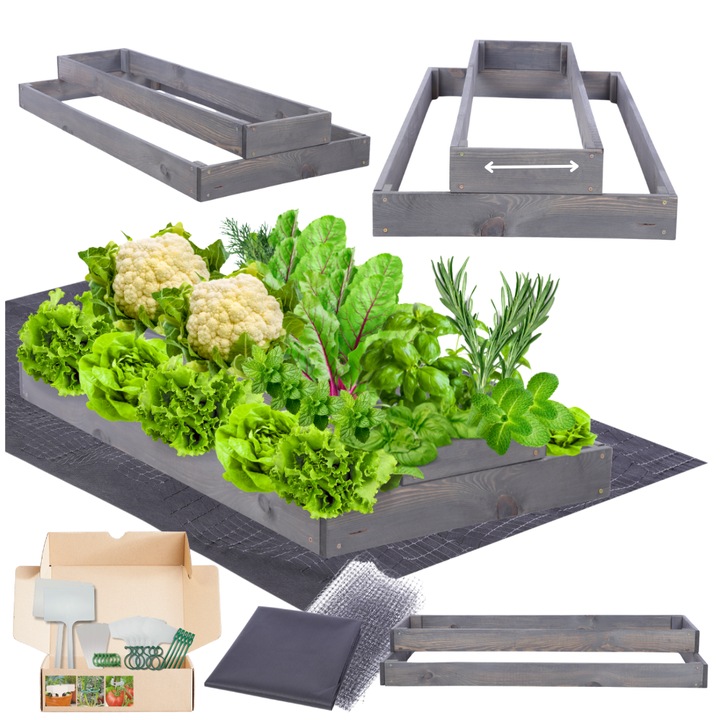 Ghiveci din lemn MODO24, reglat, 18x60x100cm, gri, pentru legume si plante aromatice