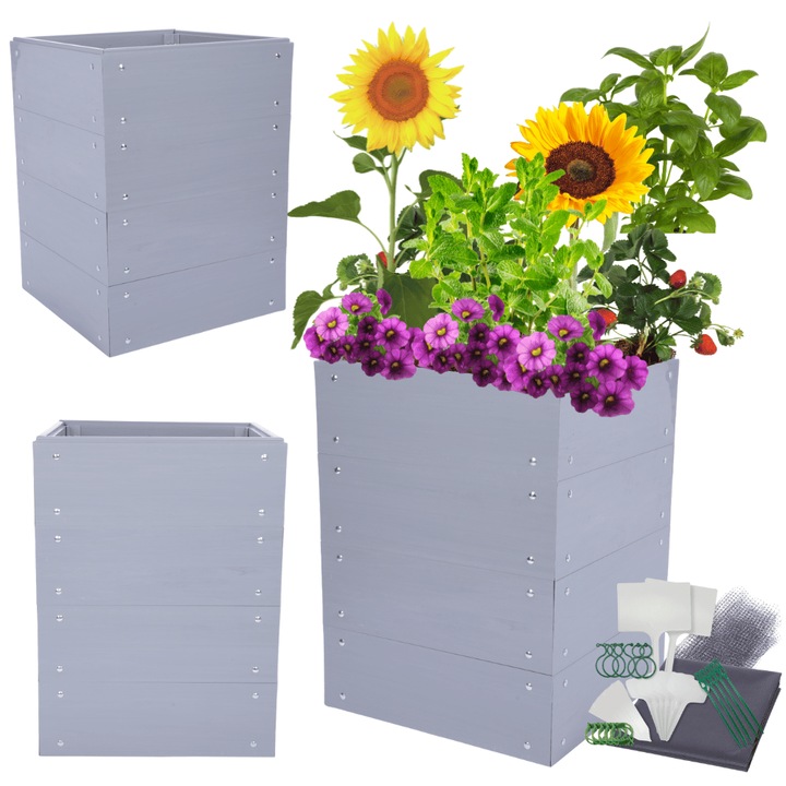 Ghiveci gradina MODO24, gradina ridicata, plastic, 80x80x80cm, gri, set complet accesorii