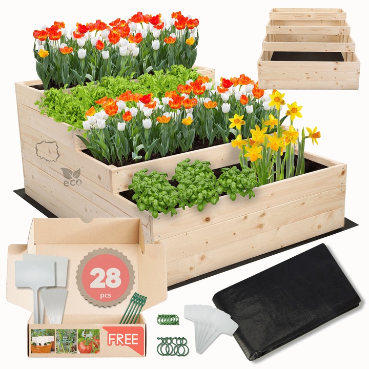 Gradina verticala din lemn MODO24, kaskadowa, 54x90x120cm, colorata, set cu agrowloknina, spinki si etichete