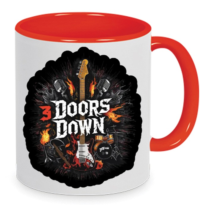 Cana ceramica 3 Doors Down No5, design alb si rosu, capacitate 330ml, rezistenta la masina de spalat.