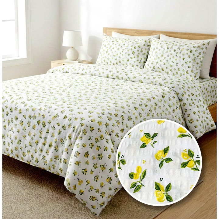 Lenjerie pat dublu extra large Creponata, Ralex Pucioasa, 100% Bumbac, Alb/Galben, 240x260cm