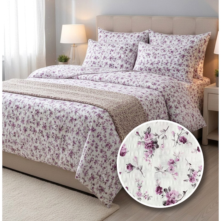 Lenjerie pat dublu extra large, Ralex Pucioasa, 100% bumbac, Alb/Lila, cearsaf 240x260cm, pilota 200x230cm, 2 fete perna 50x70cm