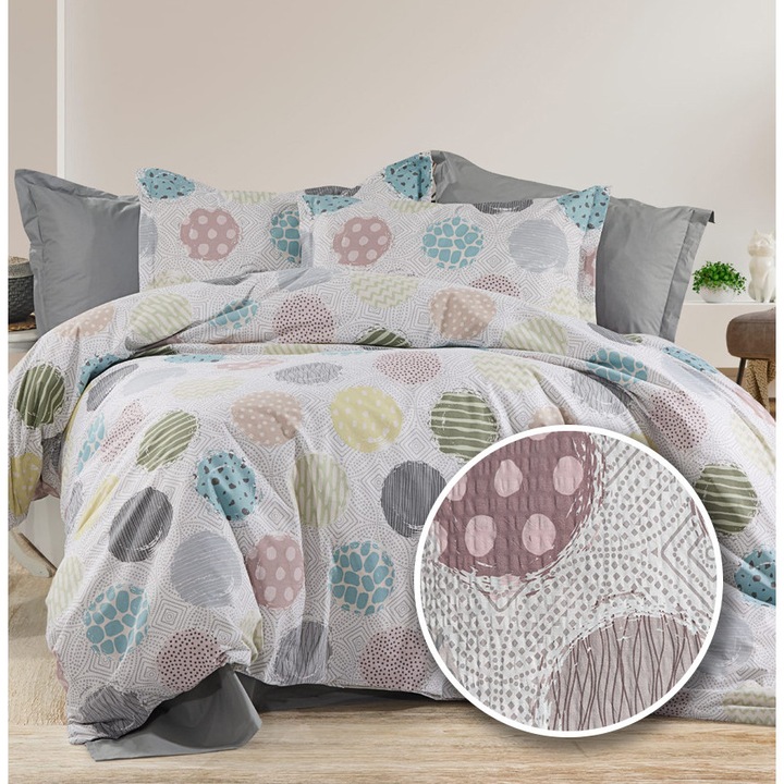 Lenjerie pat dublu extra large Creponata, Ralex Pucioasa, Alb/Gri, 240x260cm, 200x230cm, 2 fete perna 50x70cm