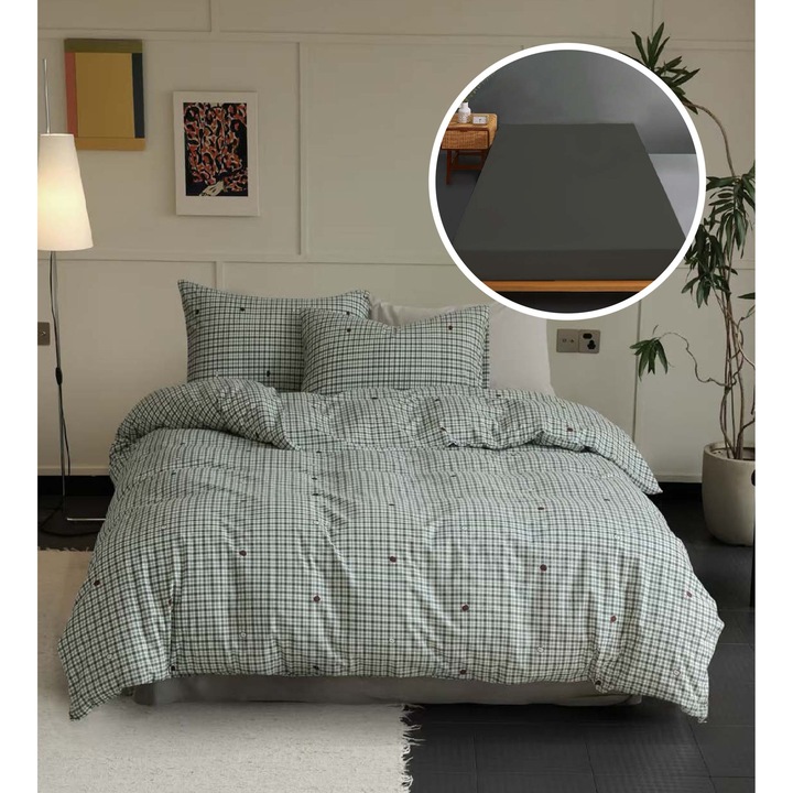 Lenjerie pat cu husă pentru saltea Ralex Pucioasa, bumbac 100%, 160x200cm/180x200cm, multicolor, set cu cearșaf și două fețe de pernă