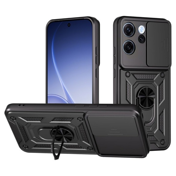 Husa Spate Upzz® Camshield Compatibila Cu Oppo Reno 15 F / Reno 15 FS 5G, Protectie La Camere, Inel Metalic, Stand - Negru